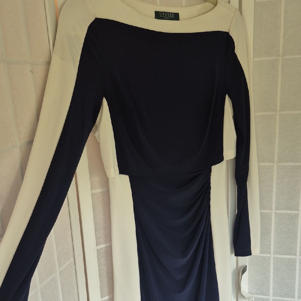 Ralph Lauren Navy and Cream Long Sleeve Dress - Picture 2 of 11